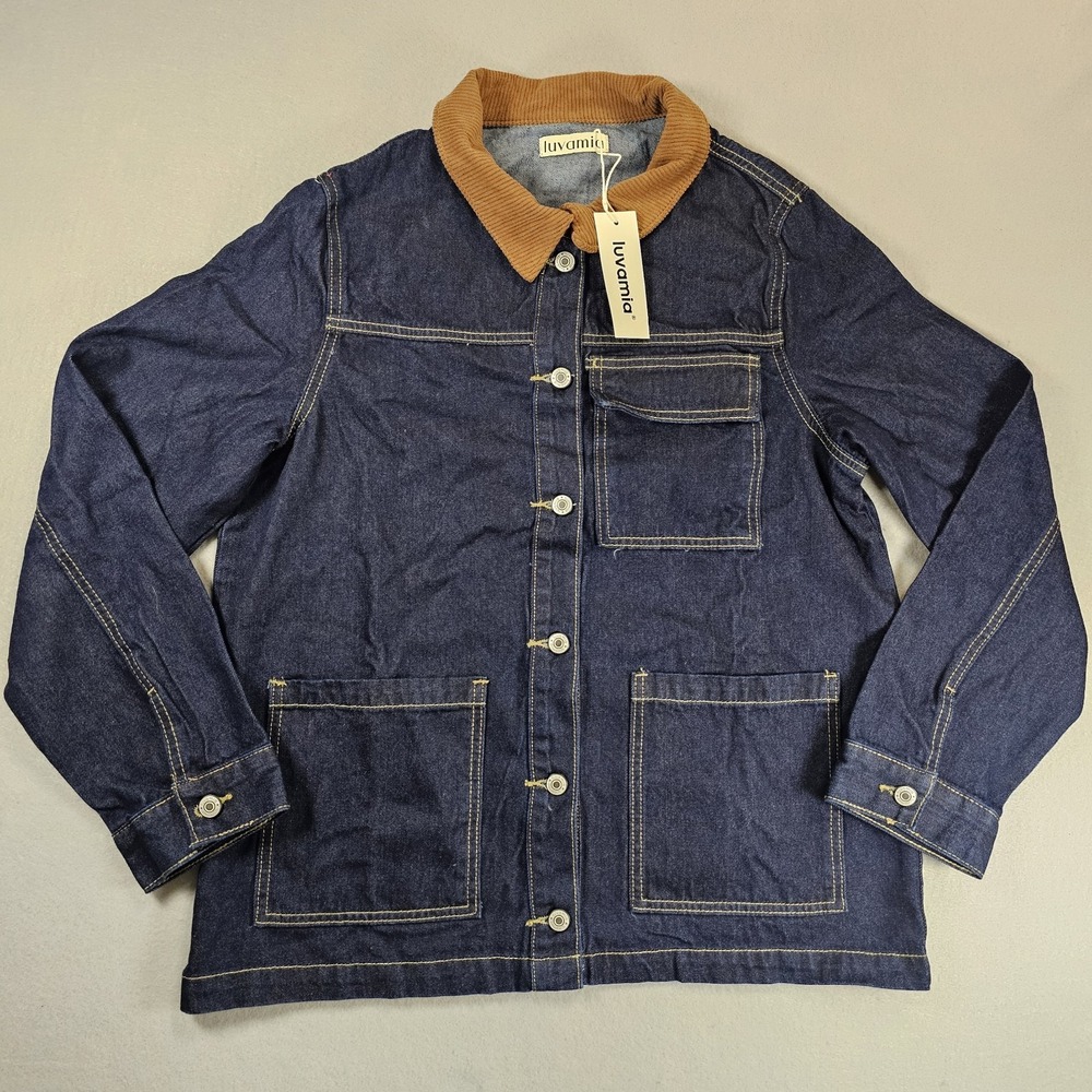 Luvamia Womens Denim Barn Jacket M Dark Wash Corduroy Collar Chore Coat NWT